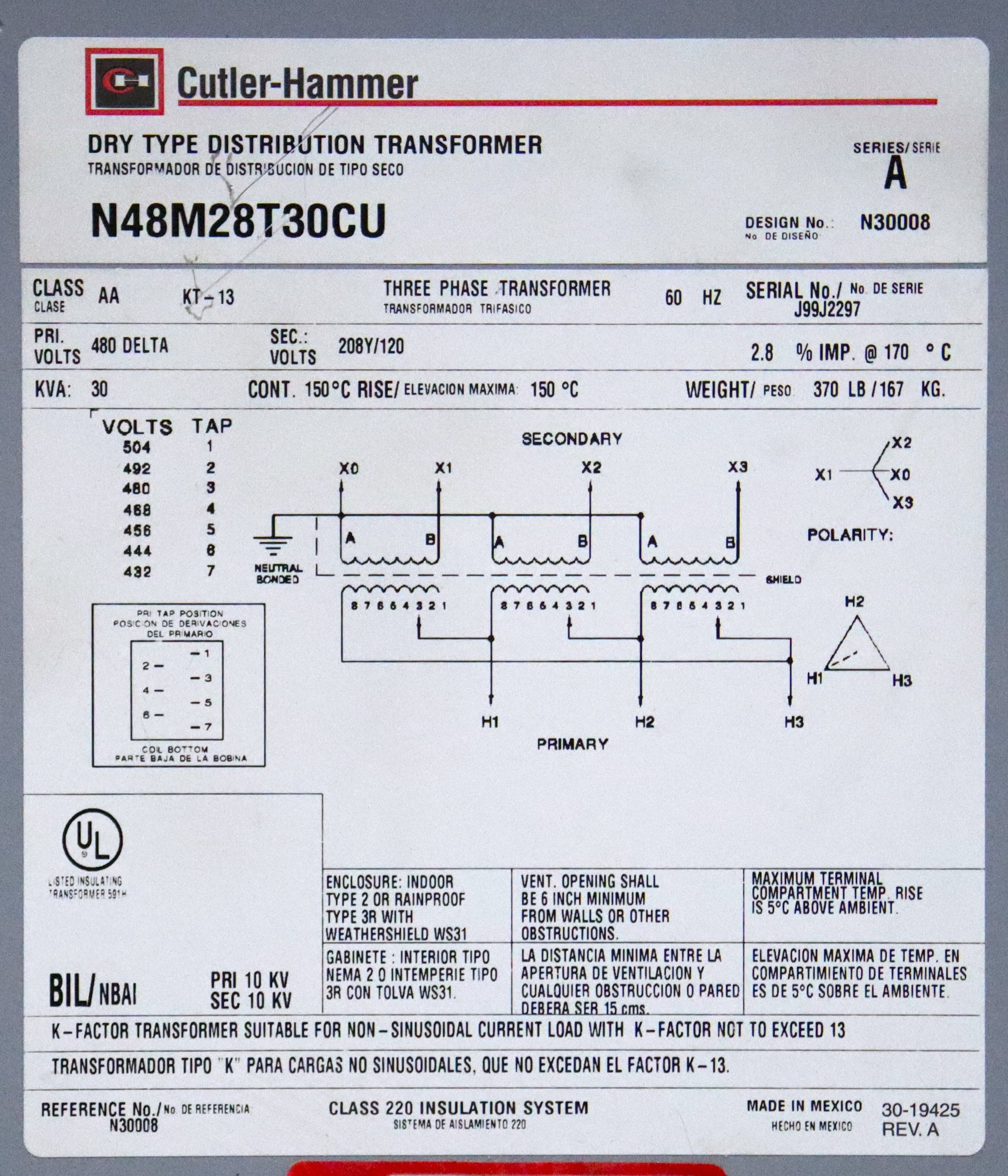Cutler-Hammer N48M28T30CU 30kVA 3 Phase Transformer