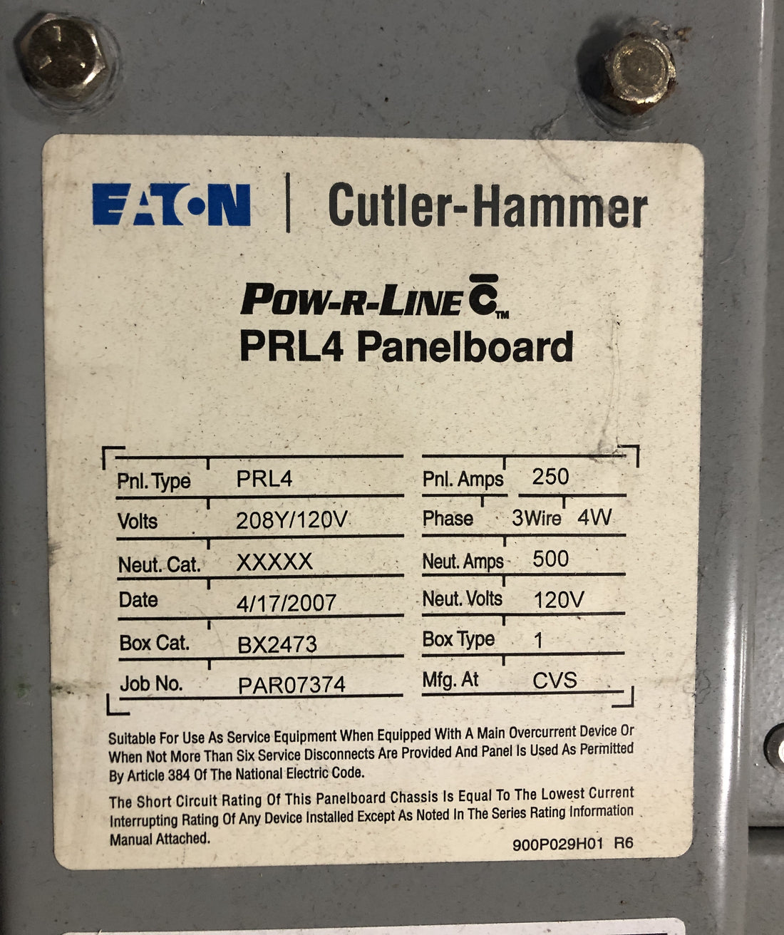 Eaton Pow-R-Line Panelboard 250A 208Y/120V 3 phase 4W Bypass Switch (PRL4)