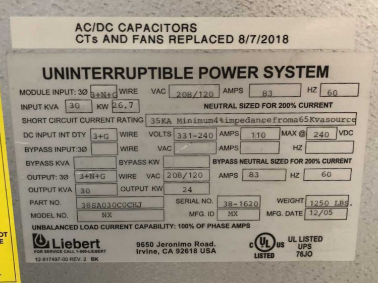 Liebert NX 30kVA / 24kW 3-Phase UPS Battery Backup System (38SA030C0CHJ)