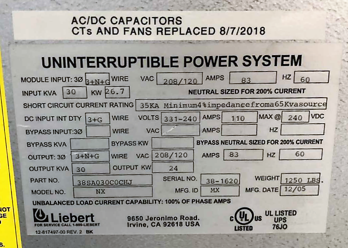Liebert NX 30kVA / 24kW 3-Phase UPS Battery Backup System