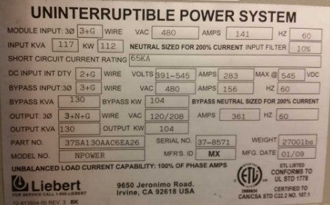 Liebert NPower 130kVA 480V 3 Phase UPS (37SA130AAC6EA26)