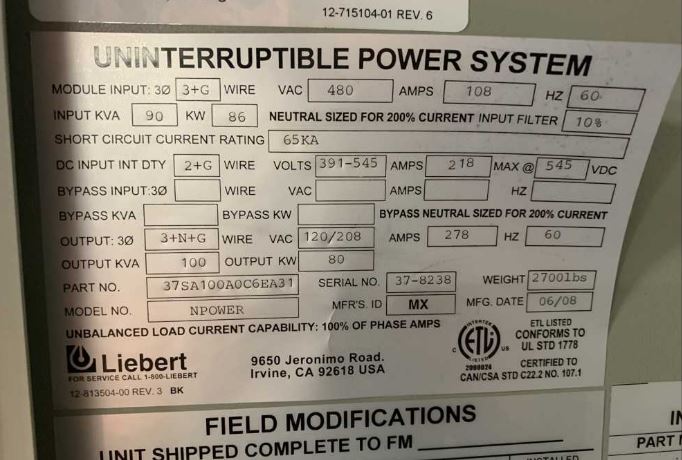 Liebert NPower 100kVA 3-Phase UPS (37SA100A0C6EA31)