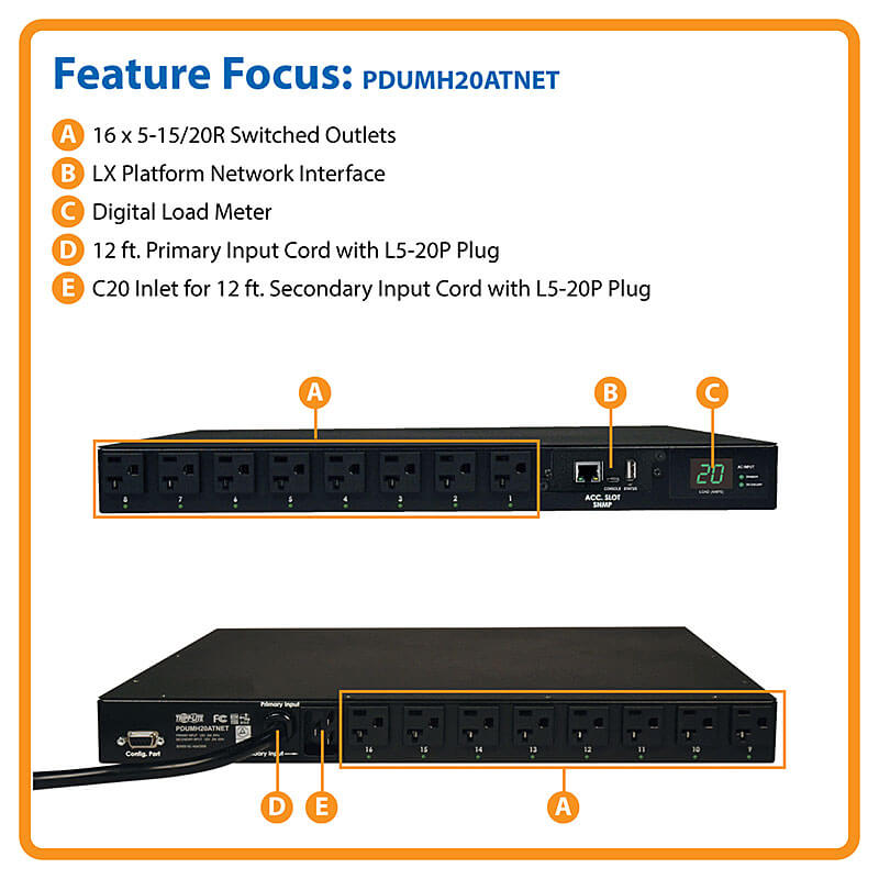 Eaton/Tripp Lite 1.9kW 120V 1U Single Phase Automatic Transfer Switch PDU (PDUMH20ATNET)