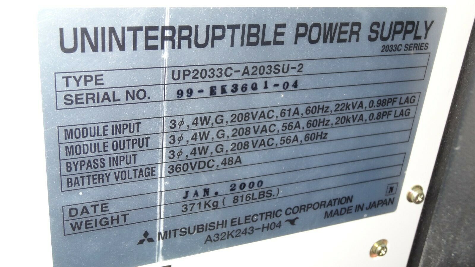 Mitsubishi 2033C 20kVA 16kW 208V 3-Phase UPS System