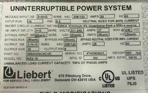 Liebert NX 10kVA / 8.9kW 3-Phase UPS Battery Backup System (Tested)