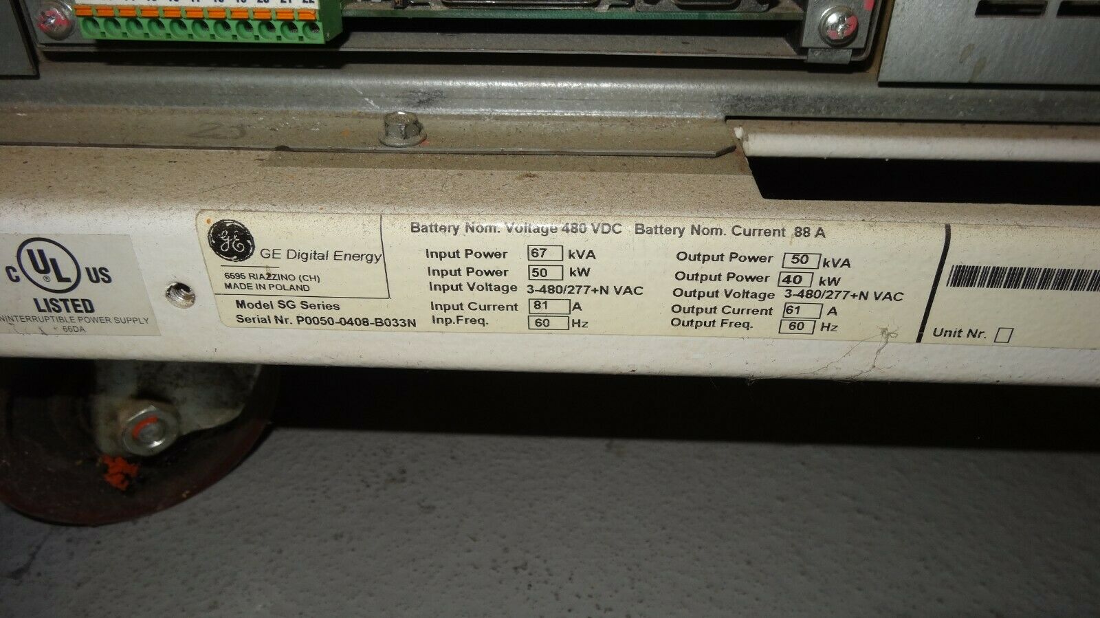 GE SG Series 50kVA 40kW 480V x 480V 3-Phase UPS Battery Backup