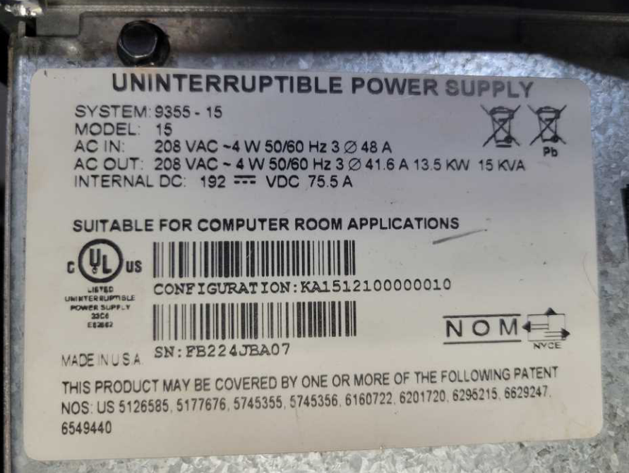 Eaton 9355 15kVA/13.5kW 208V 3 Phase 64-Battery (3 High) UPS / KA1512100000010