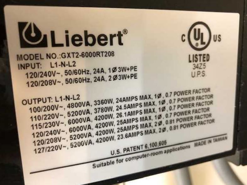 Liebert GXT2 6000VA 4200W 208V Online Hardwired UPS System (GXT2-6000RT208)