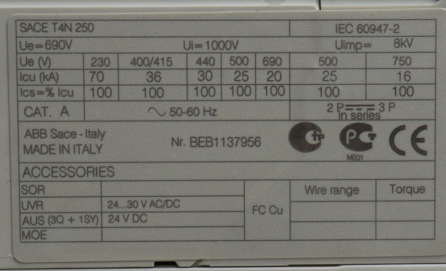 ABB SACET4N250 250A BEB1137956 3 Pole Circuit Breaker