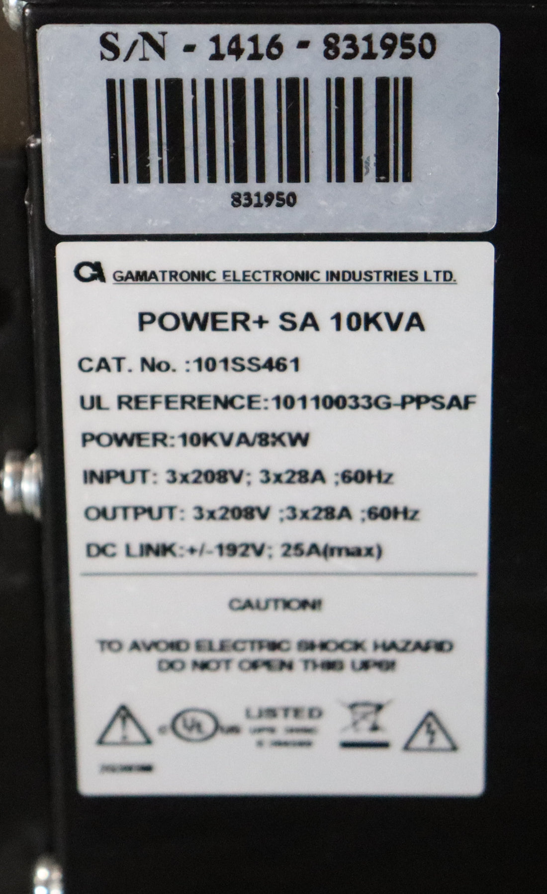Gamatronic Power+ SA 10kVA / 8kW 208V 3 Phase UPS w/ Battery Cabinet (10110033G-PPSAF)