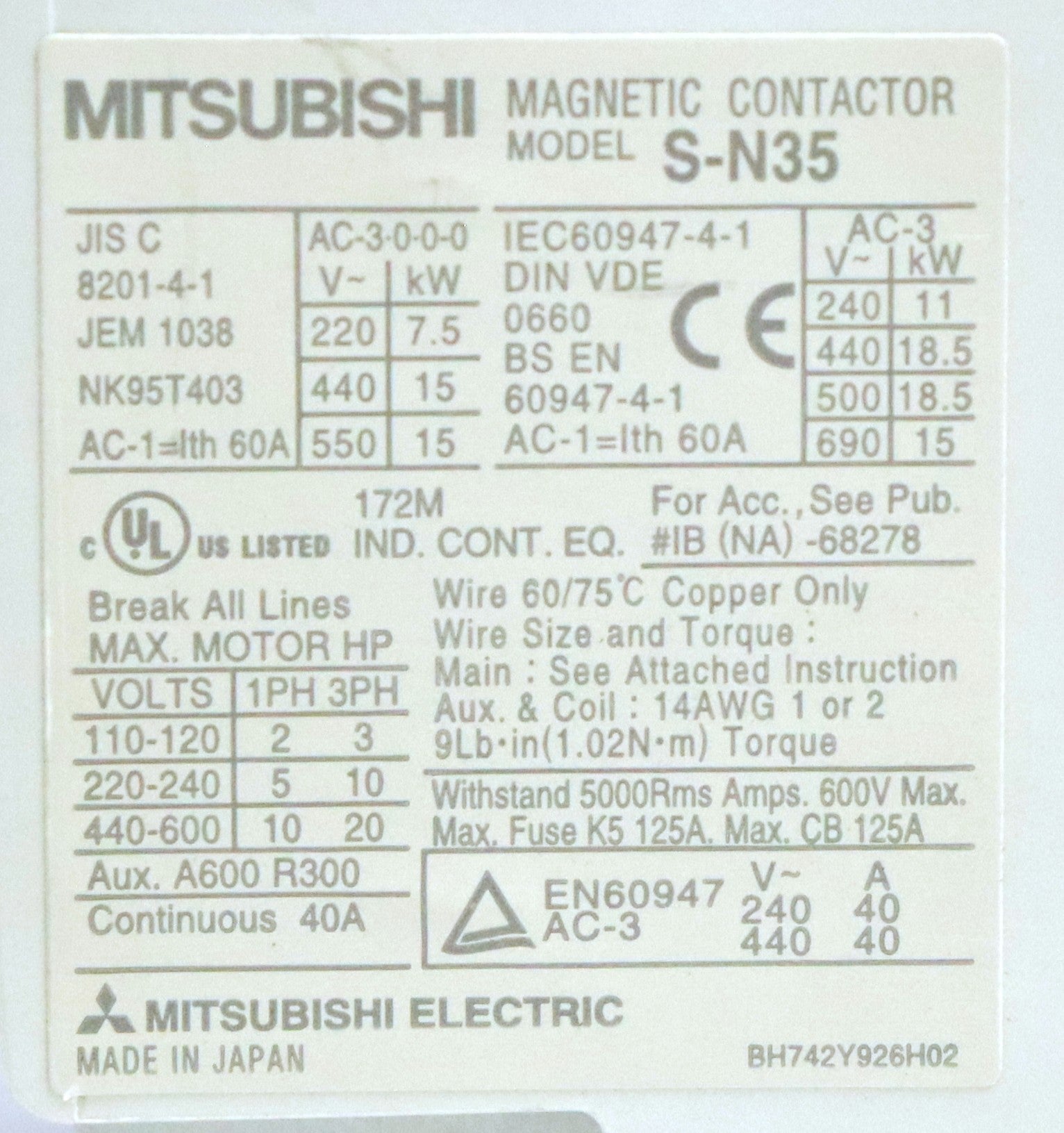 Mitsubishi S-N35 60A 3 Pole Magnetic Contactor – Critical Parts