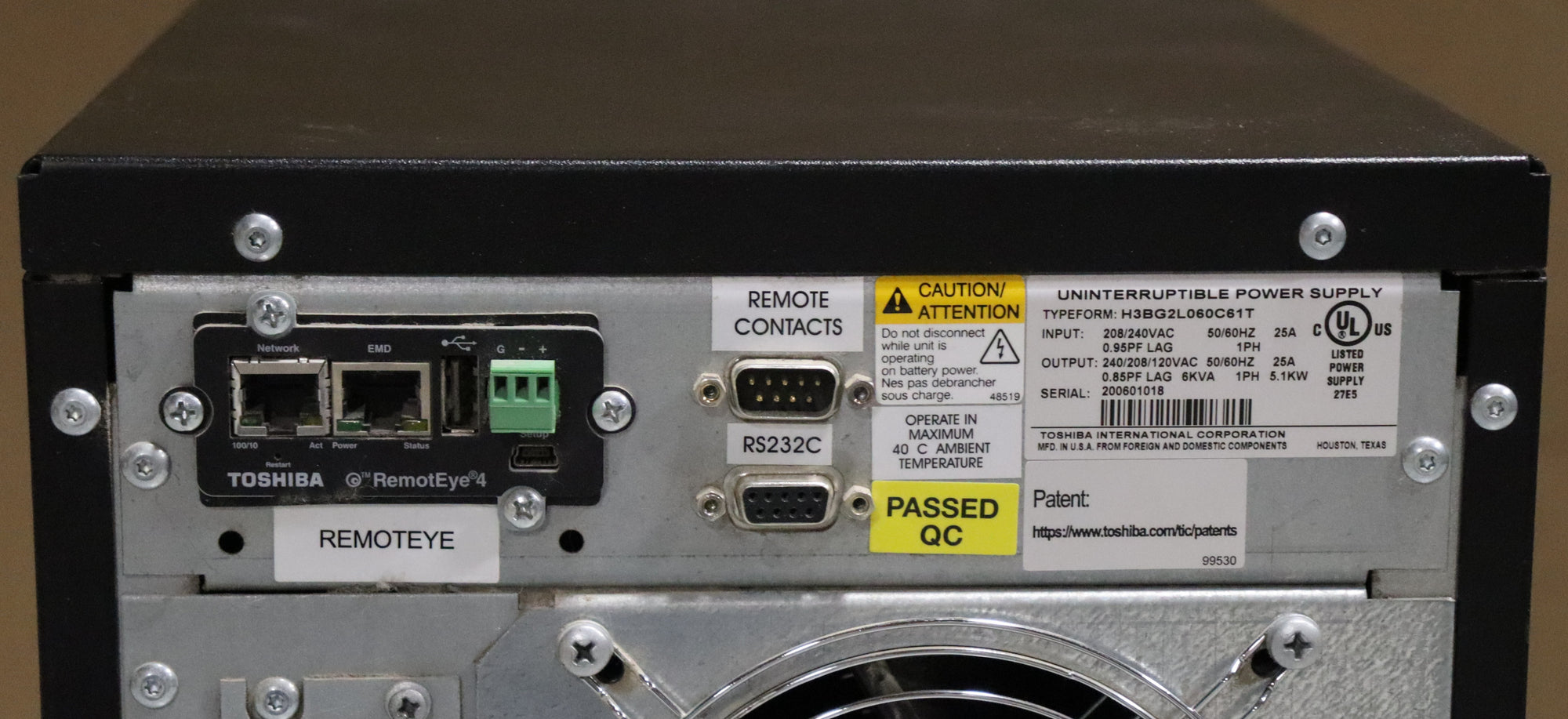 Toshiba 1600XPi 6kVA / 5.1KW 208/240V Hardwired In/Out Online Tower UPS (Pre-owned)