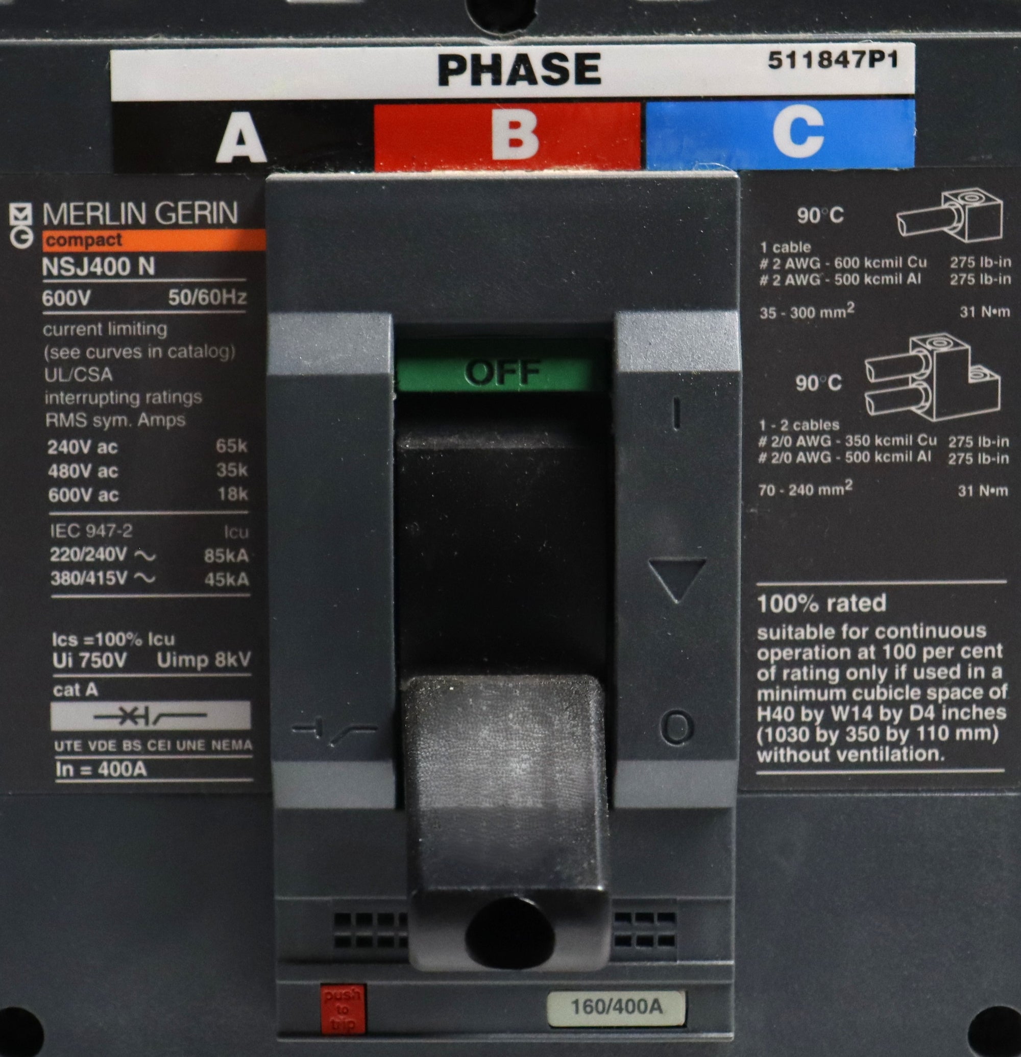 Merlin Gerin NSJ400 N 600V 50/60Hz 400A 3 Pole Circuit Breaker