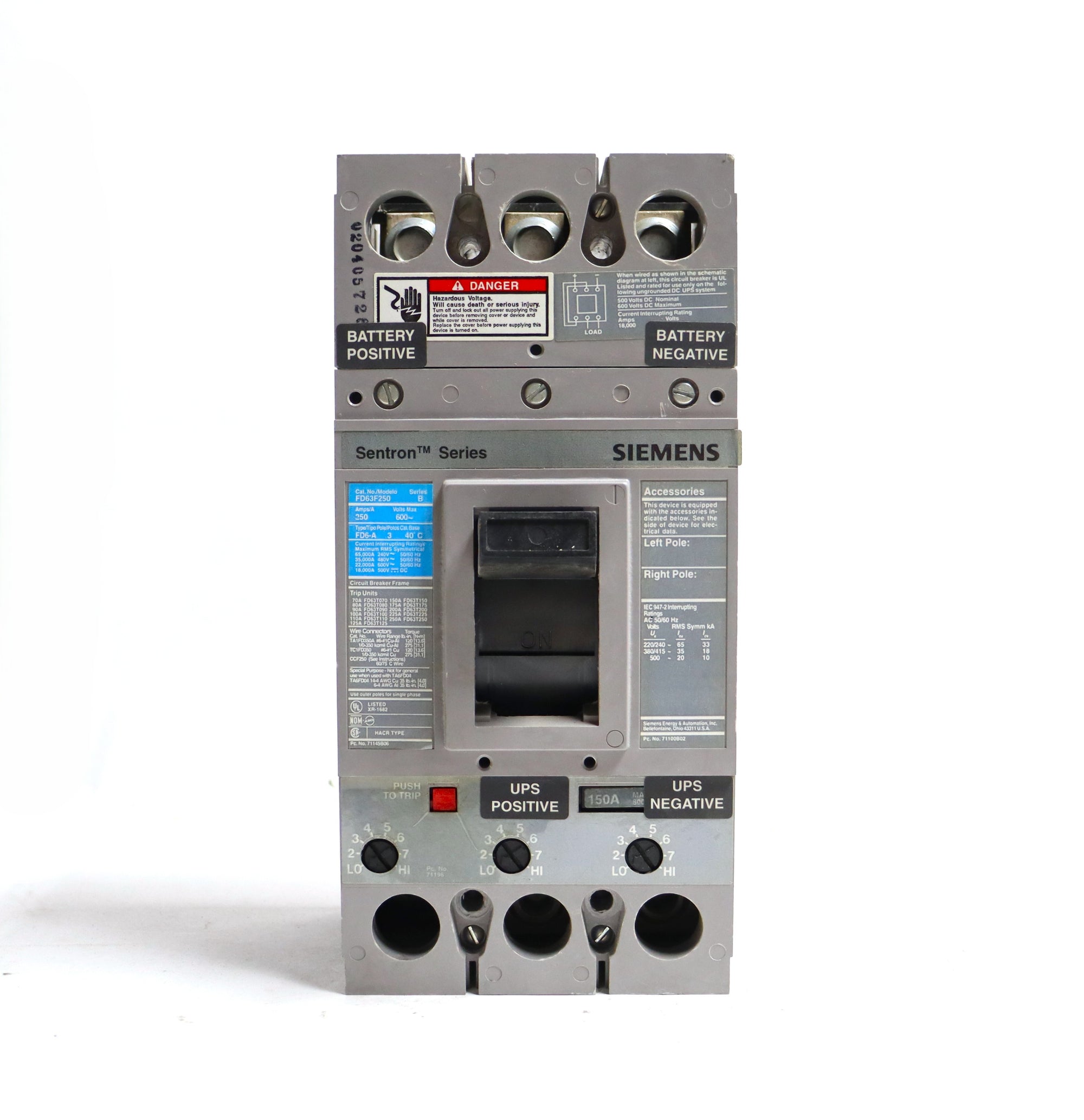 Siemens Sentron Series FD63F250 250A 3 Pole Circuit Breaker