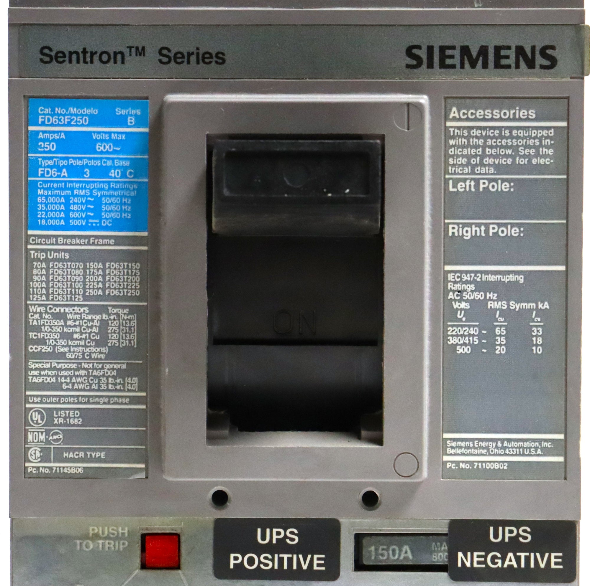 Siemens Sentron Series FD63F250 250A 3 Pole Circuit Breaker