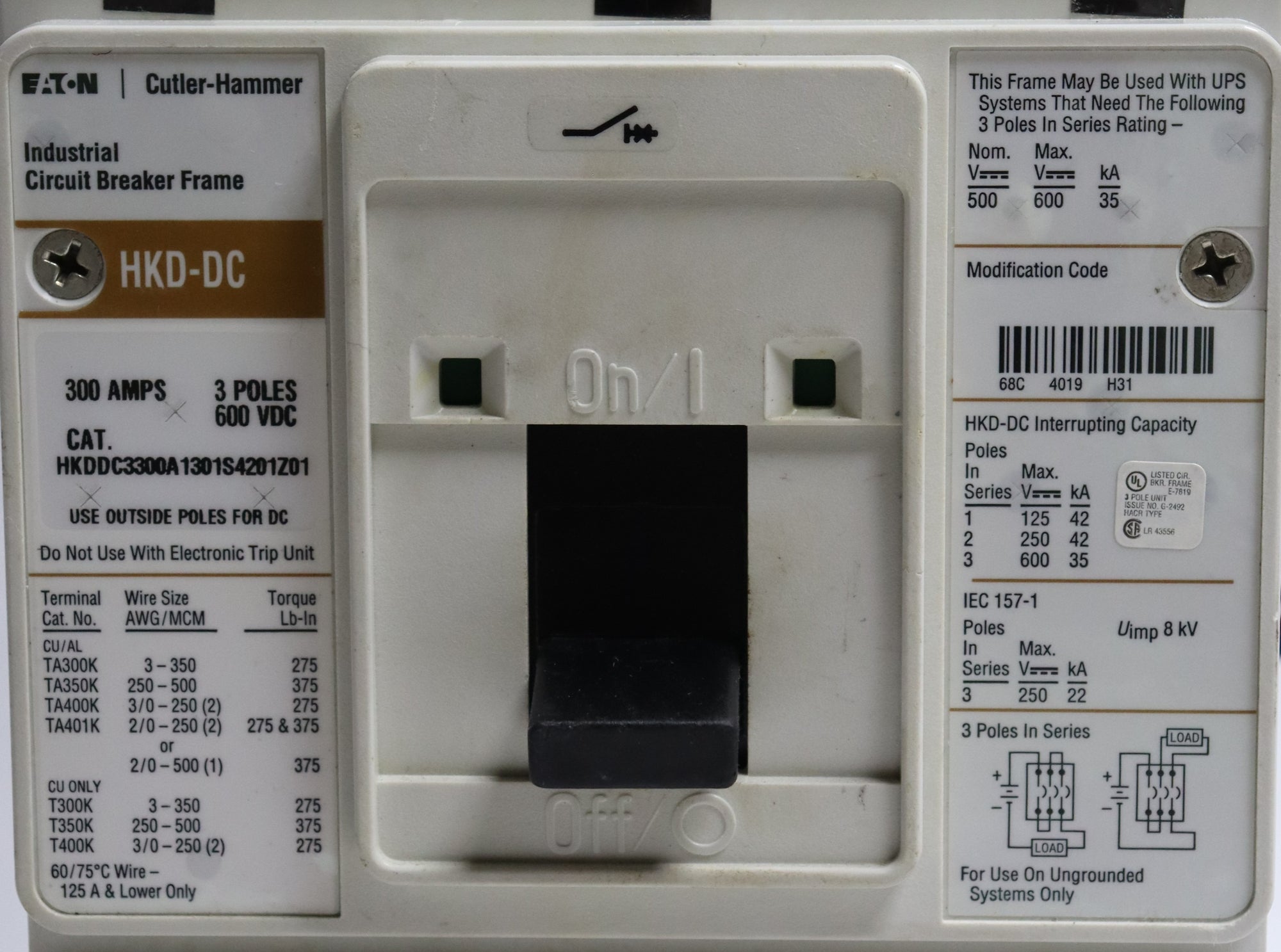Cutler-Hammer HKD-DC HKDDC3300A1301S4201Z01 300A Circuit Breaker