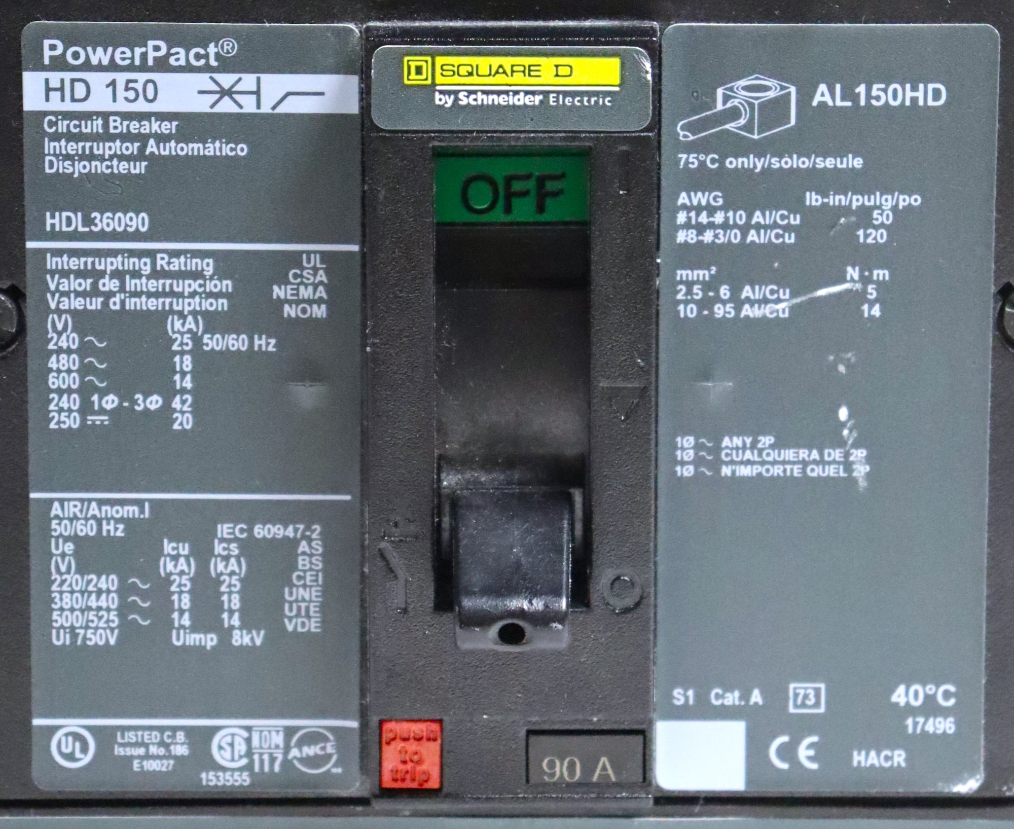Square D Power Pact 90A AL150HD HDL36090 Circuit Breaker