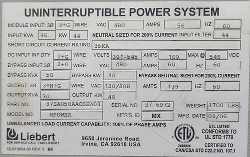 Liebert NPOWER 50kVA 480V 3 Phase UPS (37SA050AAC6EA03)