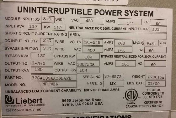 Leibert NPower UPS Battery Backup System 