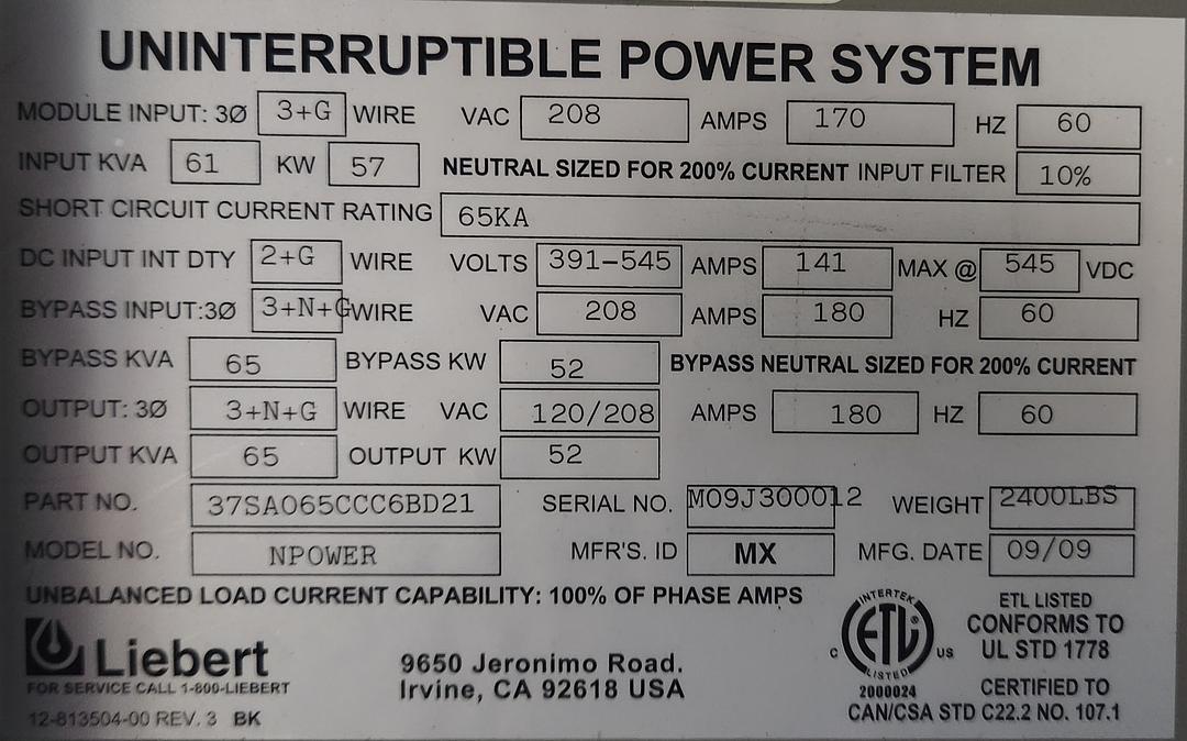 Liebert NPOWER 65kVA 208V 3 phase UPS (37SA065CCC6BD21) *Sold for Parts*