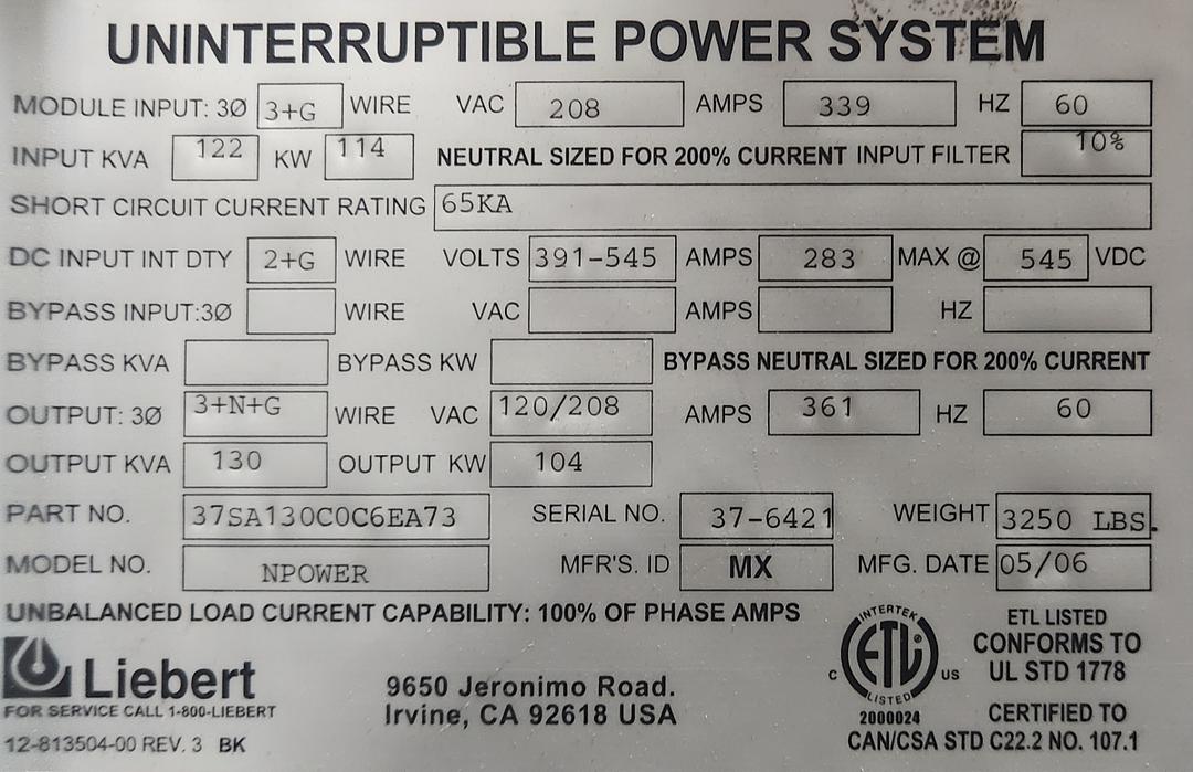 Liebert NPower 130kVA 280V 3 Phase UPS (37SA130AC0C6EA73)