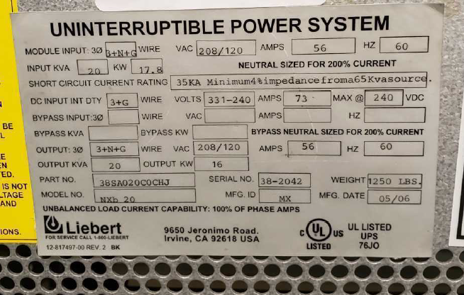 Liebert NX 20kVA 3 Phase UPS