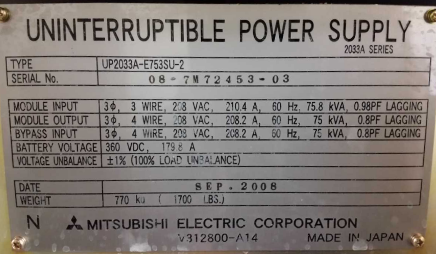 Mitsubishi 2033A 75kVA/60kW 208V 3 Phase UPS & Battery Cabinet