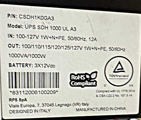 Riello Sentinel RT 1kVA data tag