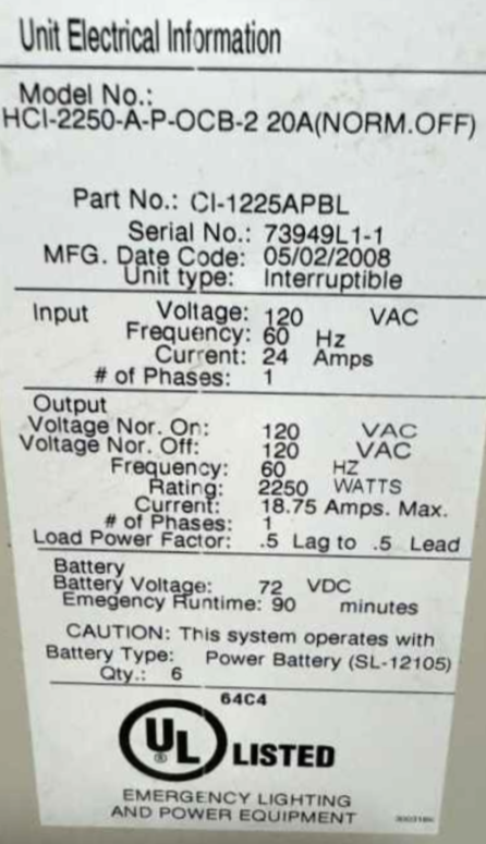 Myers HCI 2.25KW Specs tag