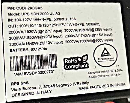 Riello Sentinel RT 2kVA SDH2000 data tag