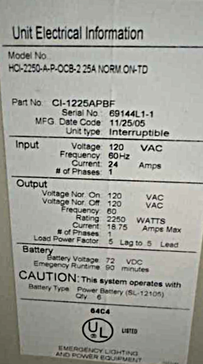 Myers HCI CI-1225APBL Data tag