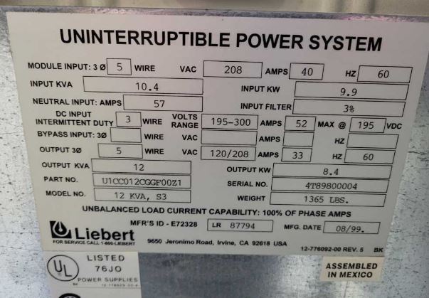 Liebert S3 12kVA 208V 3 Phase UPS (U1CC012CGGF00Z1)