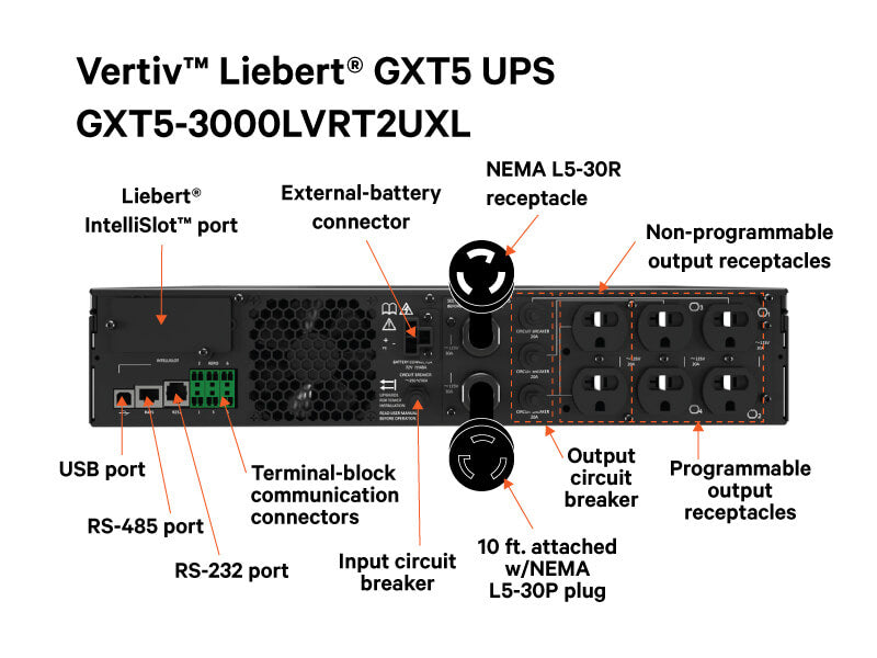 Vertiv Liebert GXT5-3000LVRT2UXL 3000VA 2700W 120V Rack / Tower Online UPS