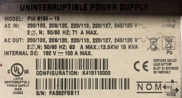up10tion シリアルナンバー Eaton 9155 15kVA 13.5kW 32 Battery (2-High) Single Phase UPS