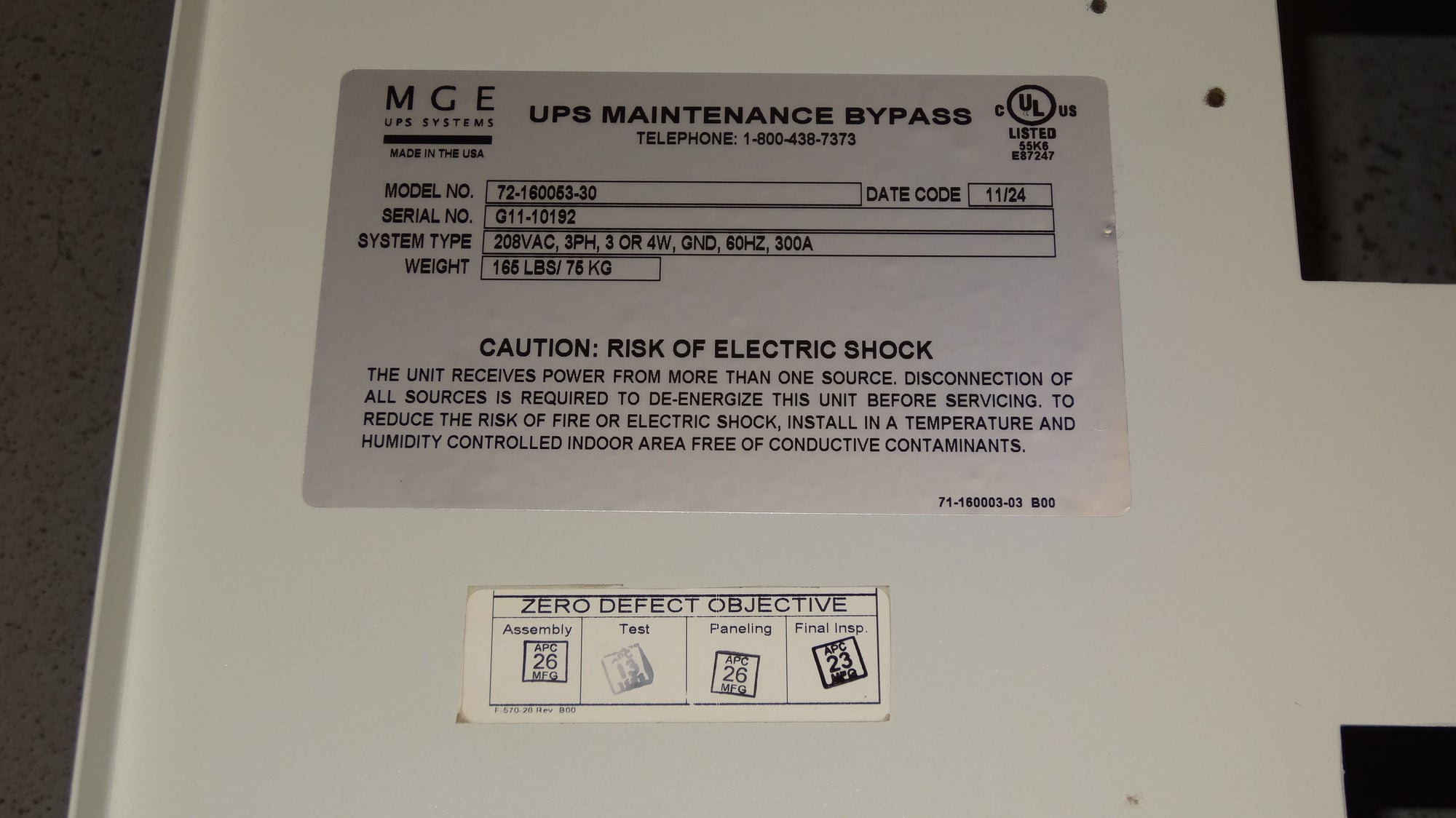 MGE Wall Mount Maintenance Bypass