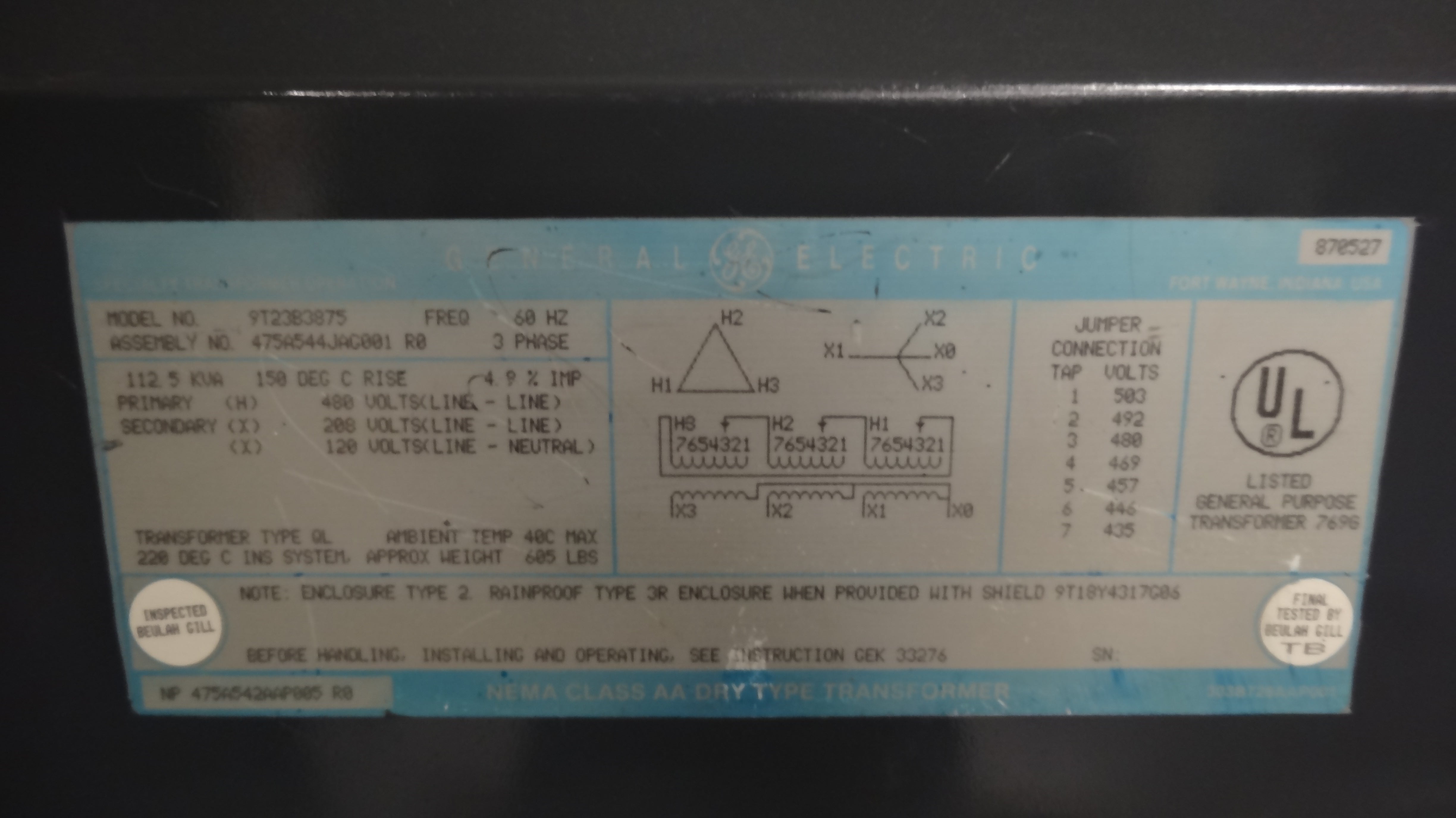 GE 9T23B3875 112.5kVA 480V-208/120V 3-Phase Step Down Transformer ...