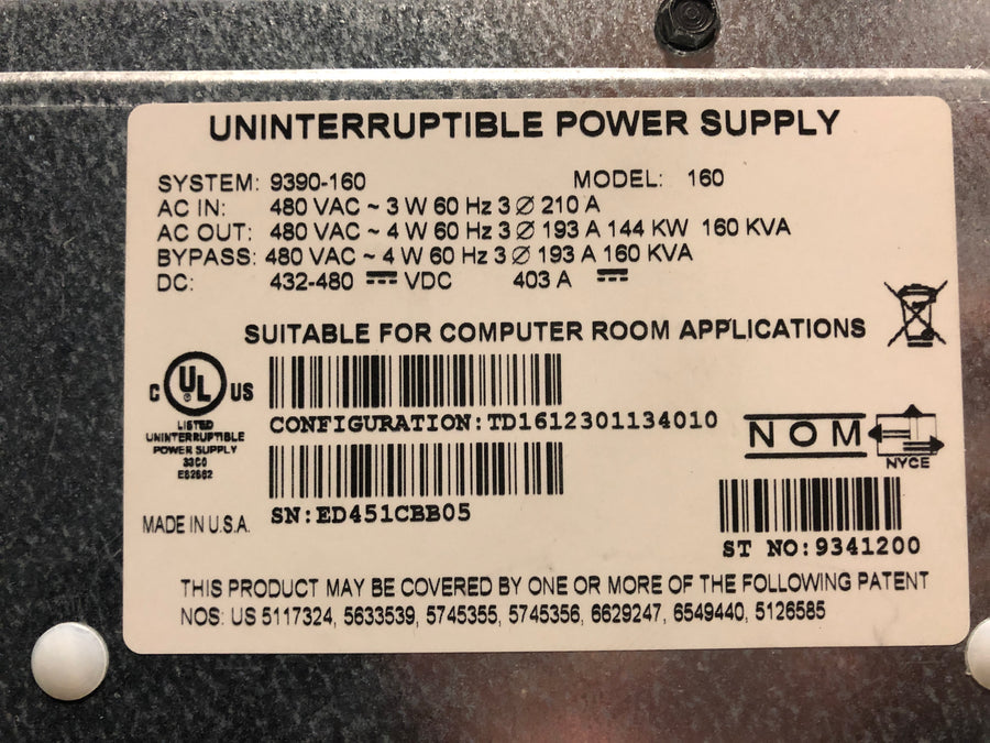 Eaton 9390-160 160kVA / 144kW 480x480V 3-Phase UPS Battery Backup System with Battery Cabinet (Batteries Not Included)