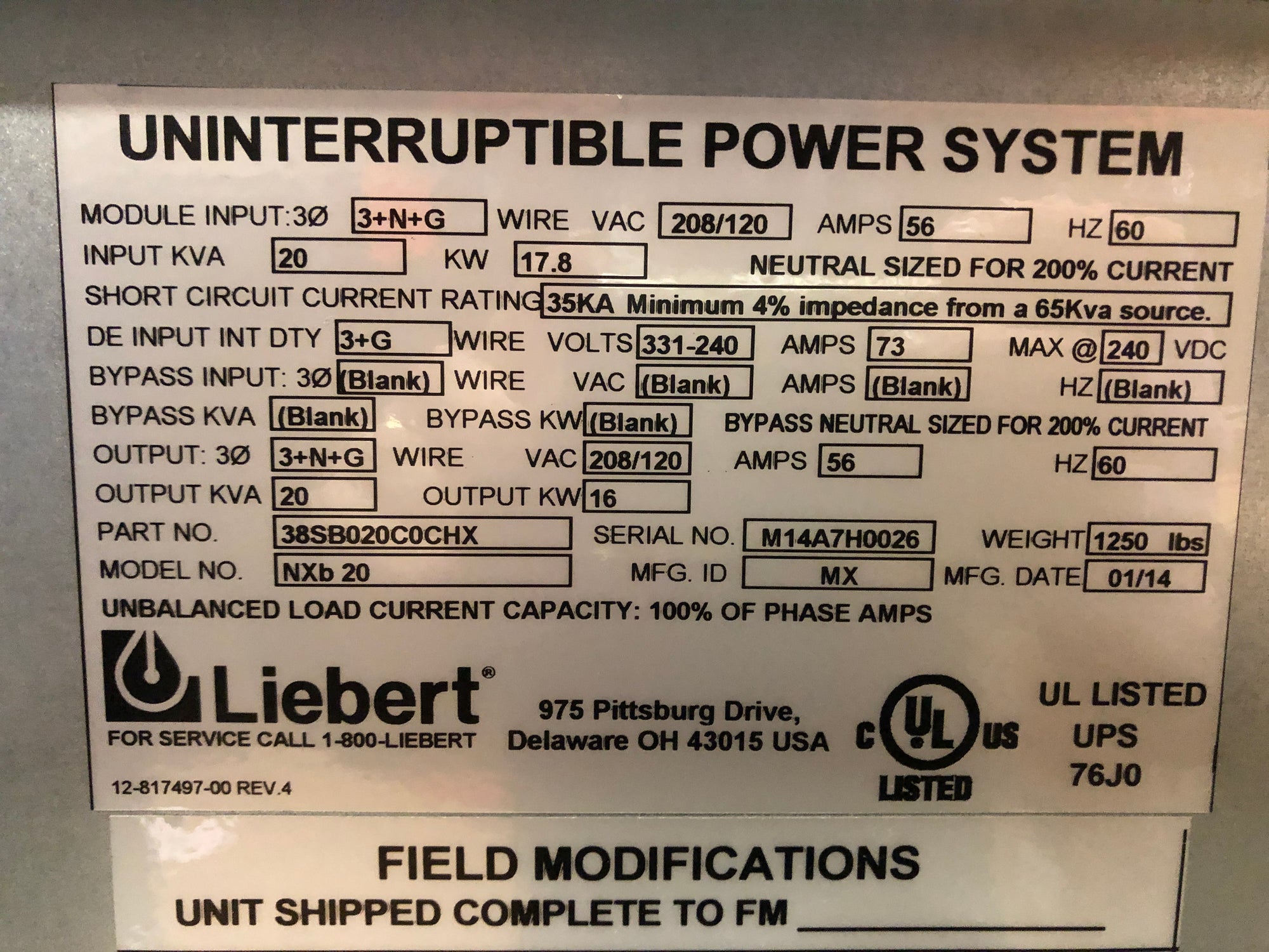 Liebert 3-Phase UPS Battery Backup System