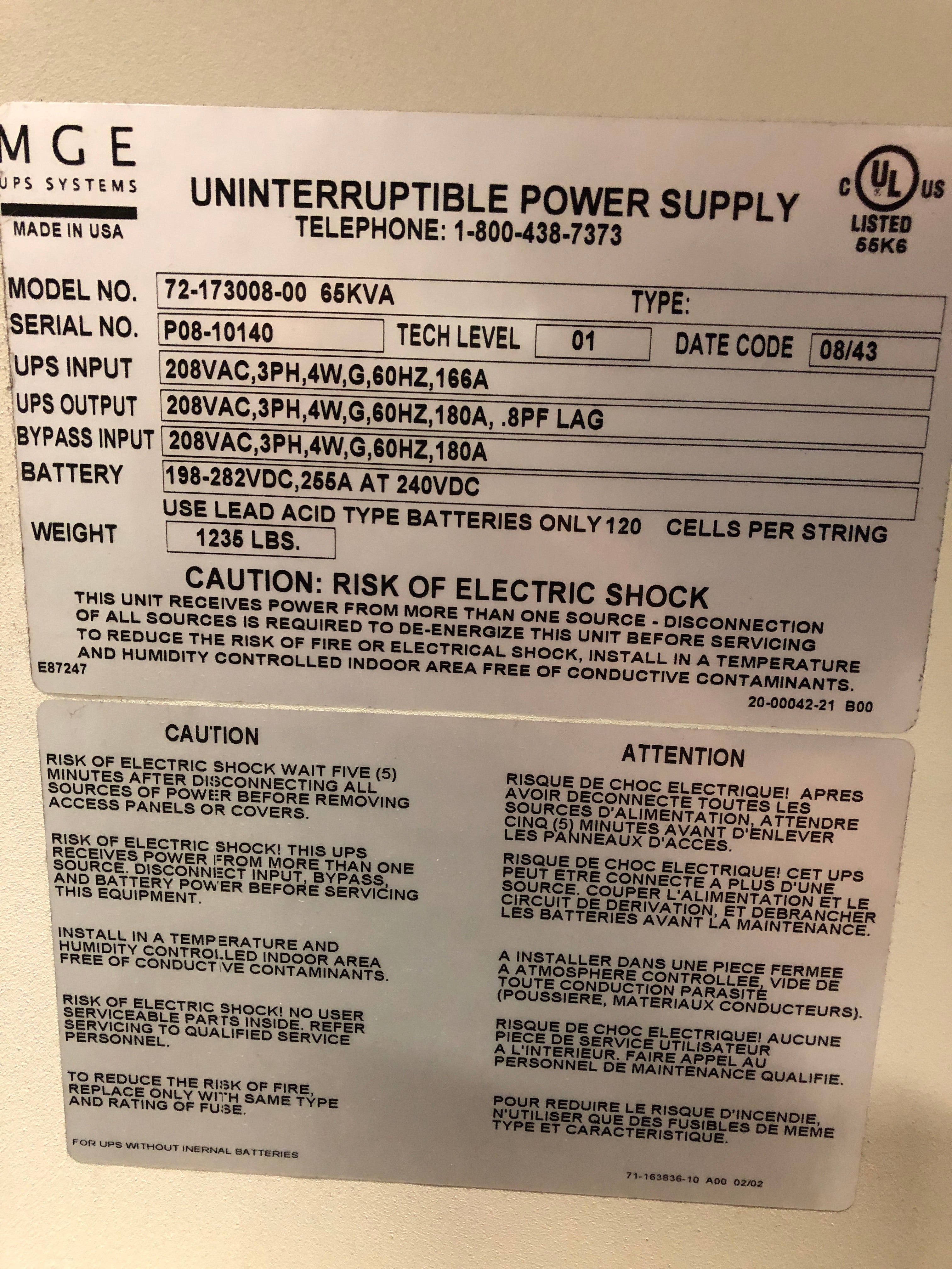 MGE Galaxy 4000 65kVA UPS System and Battery (208V) Critical