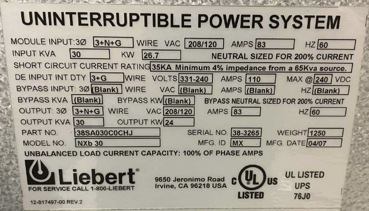 Liebert NX 30kVA / 24kW 3-Phase UPS Battery Backup System (Tested)