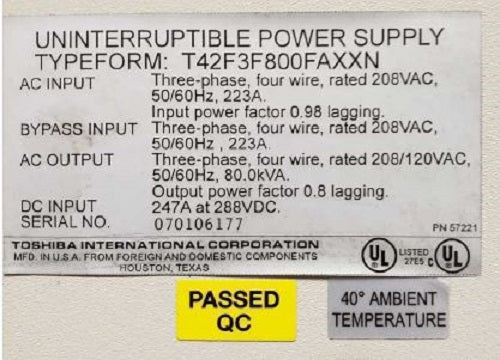 Toshiba 4200 80kVA UPS System (208V x 208V)