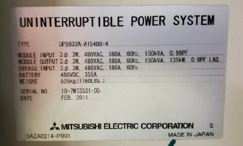 Mitsubishi 9900 150kVA 480V x 480V 3-Phase UPS Battery Backup