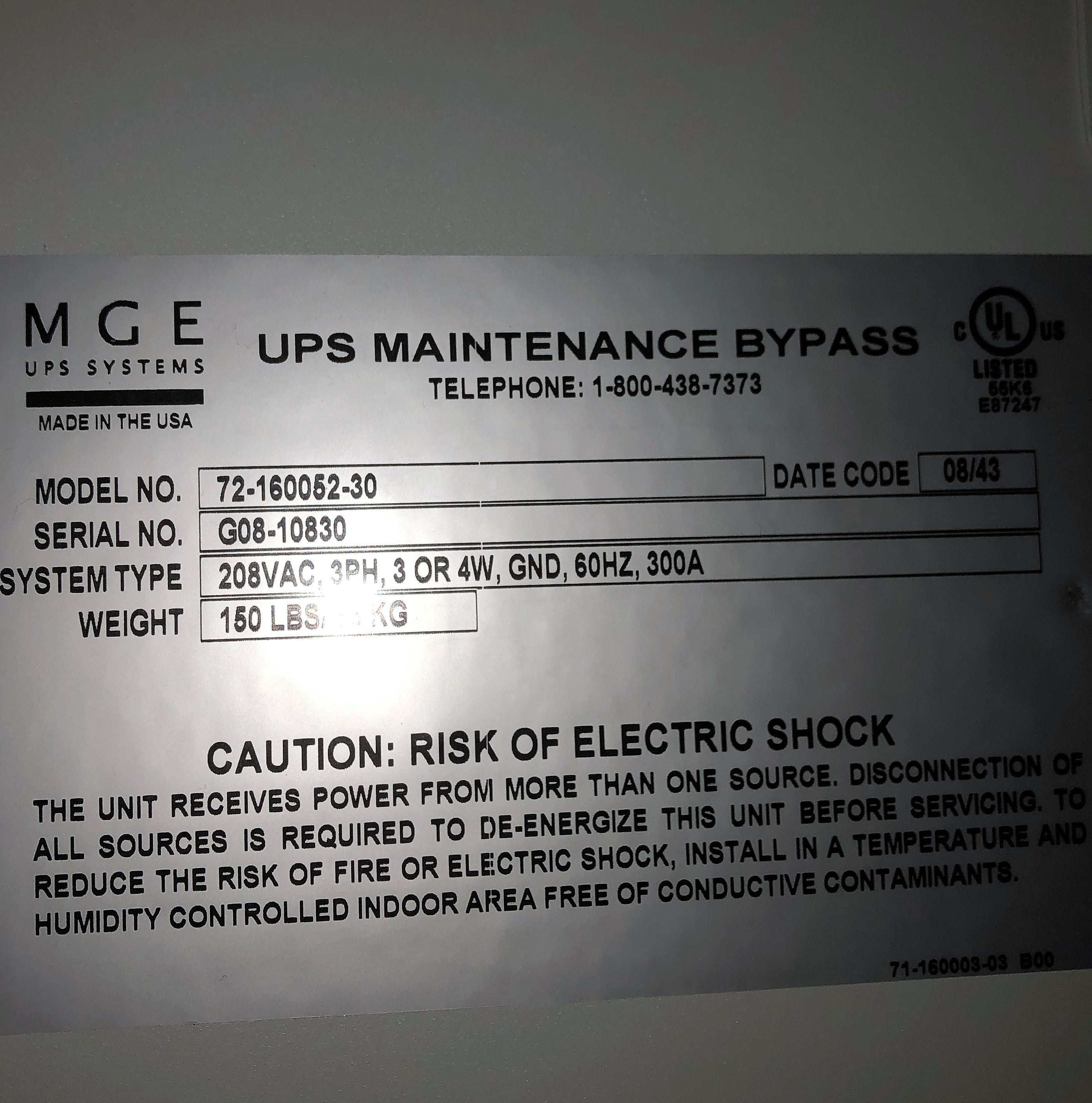 MGE 72-160052-30 UPS Maintenance Bypass Switch – Critical Parts